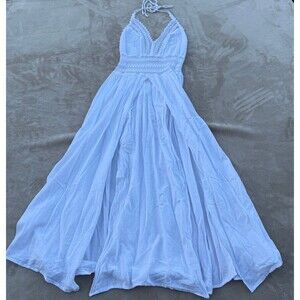 White bohemian halter maxi dress with lace detailing, flowing skirt XL